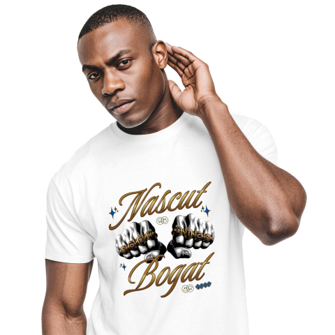 Tricou Femei, Barbati, Copii, Fata, Baiat, Unisex Personalizat Pumnale din Aur cu Mesaj „Născut Bogat” – Cadou Puternic și Simbolic pentru Tati, Prieteni, Succes Financiar