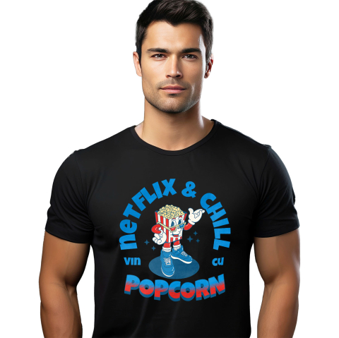 Tricou Femei, Barbati, Copii, Fata, Baiat, Unisex Personalizat Punga popcorn personalizată cu ochelari 3D și text Netflix & Chill – Cadou perfect pentru iubitorii de filme