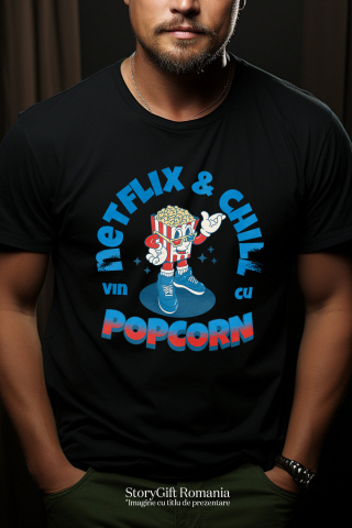 Tricou Femei, Barbati, Copii, Fata, Baiat, Unisex Personalizat Punga popcorn personalizată cu ochelari 3D și text Netflix & Chill – Cadou perfect pentru iubitorii de filme [1]