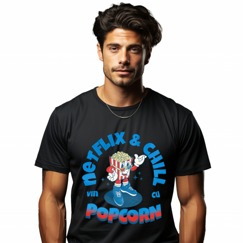 Tricou Femei, Barbati, Copii, Fata, Baiat, Unisex Personalizat Punga popcorn personalizată cu ochelari 3D și text Netflix & Chill – Cadou perfect pentru iubitorii de filme