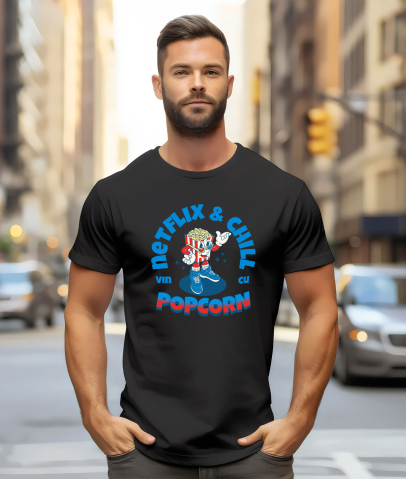 Tricou Femei, Barbati, Copii, Fata, Baiat, Unisex Personalizat Punga popcorn personalizată cu ochelari 3D și text Netflix & Chill – Cadou perfect pentru iubitorii de filme [1]