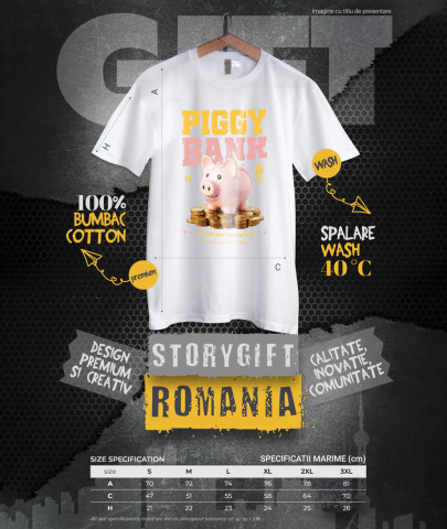 Tricou Femei, Barbati, Copii, Fata, Baiat, Unisex Personalizat Pusculiță Porc cu Bani – Piggy Bank cu Monede de Aur și Bancnote pentru Investiții [3]