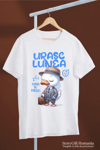 Tricou Femei, Barbati, Copii, Fata, Baiat, Unisex Personalizat Rata Albă Elegantă cu Costum și Servietă „Urăsc Lunea, Dorm în Papuci” - Cadou Haios [2]