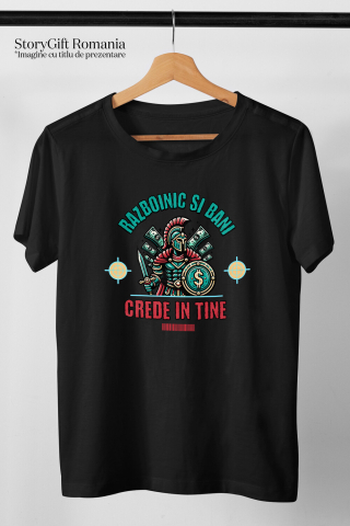 Tricou Femei, Barbati, Copii, Fata, Baiat, Unisex Personalizat Cadouri personalizate – Războinic cavaler cu scut și sabie, semn dolar, motivație [2]