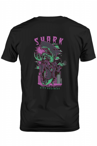 Promotii - Tricou Barbati Cu Rechin In Costum Elegant In Oras Noapte, Text IN Engleza Shark, Font Horror, Iubitorii De Arta Bizara,  cu imprimeu pe Spate, 100% Bumbac,  Negru, S