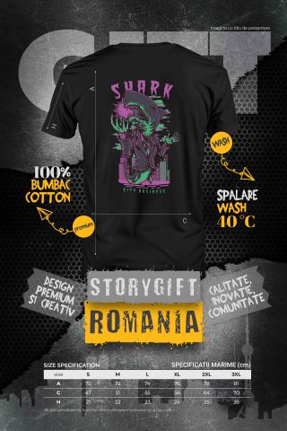 Tricou Barbati Cu Rechin In Costum Elegant In Oras Noapte, Text IN Engleza Shark, Font Horror, Iubitorii De Arta Bizara,  cu imprimeu pe Spate, 100% Bumbac,  Negru, S [3]