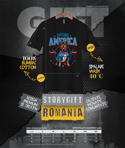 Tricou Femei, Barbati, Copii, Fata, Baiat, Unisex Personalizat Rottweiler în Costum Captain America cu Pelerină - Cadou Personalizat pentru Copii și Iubitorii de Câini [3]