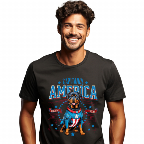 Tricou Femei, Barbati, Copii, Fata, Baiat, Unisex Personalizat Rottweiler în Costum Captain America cu Pelerină - Cadou Personalizat pentru Copii și Iubitorii de Câini
