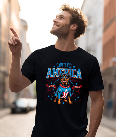 Tricou Femei, Barbati, Copii, Fata, Baiat, Unisex Personalizat Rottweiler în Costum Captain America cu Pelerină - Cadou Personalizat pentru Copii și Iubitorii de Câini [1]