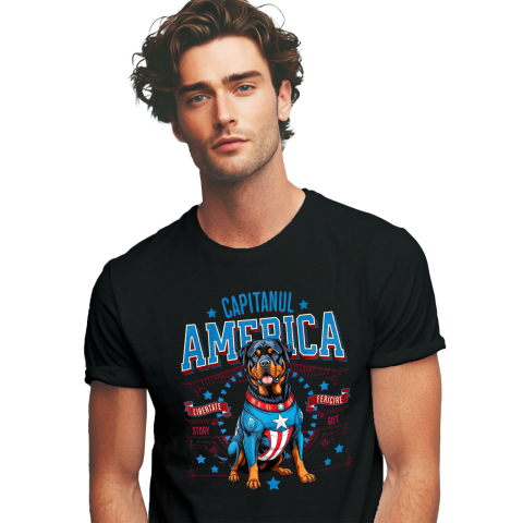 SuperEroi si Personaje TV - Tricou Femei, Barbati, Copii, Fata, Baiat, Unisex Personalizat Rottweiler în Costum Captain America cu Pelerină - Cadou Personalizat pentru Copii și Iubitorii de Câini