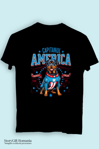 Tricou Femei, Barbati, Copii, Fata, Baiat, Unisex Personalizat Rottweiler în Costum Captain America cu Pelerină - Cadou Personalizat pentru Copii și Iubitorii de Câini [2]