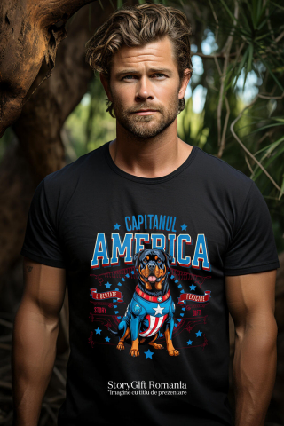 Tricou Femei, Barbati, Copii, Fata, Baiat, Unisex Personalizat Rottweiler în Costum Captain America cu Pelerină - Cadou Personalizat pentru Copii și Iubitorii de Câini [1]