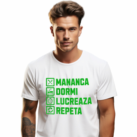 MESERII - Tricou Femei, Barbati, Copii, Fata, Baiat, Unisex Personalizat Mănâncă, Dormi, Lucrează, Repetă – Design Haios pentru Iubitorii de Muncă