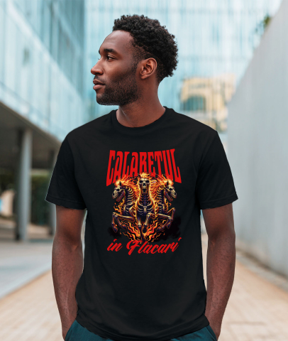 Tricou Femei, Barbati, Copii, Fata, Baiat, Unisex Personalizat Schelete și Cai în Flăcări - Calaretul în Flăcări Halloween - Cadouri Personalizate Groază [1]