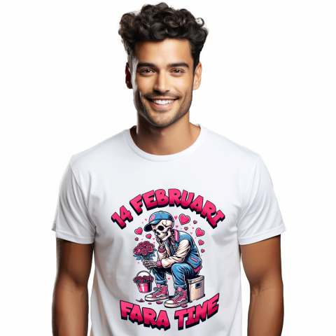 Tricou Femei, Barbati, Copii, Fata, Baiat, Unisex Personalizat „Schelete Cu Buchet De Flori Trist - Cadou Personalizat „14 Februarie Fără Tine, Dragoste” pentru Familie, Copii și Prieteni de Valentine's Day”