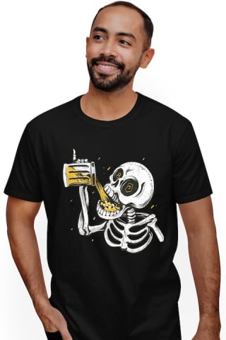 Barbati - Marimea M - Tricou Barbati Cu Schelete Om Turnand O Halga De Bere In Gura, Alcool, Haios, Barbati, Cadou Pentru Iubitorii De Bere, Negru, Galben cu imprimeu pe Fata, 100% Bumbac, Negru, M