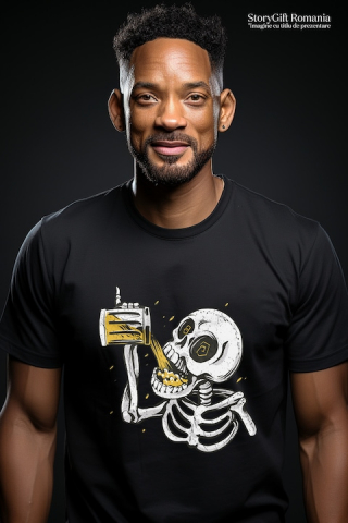 Tricou Barbati Cu Schelete Om Turnand O Halga De Bere In Gura, Alcool, Haios, Barbati, Cadou Pentru Iubitorii De Bere, Negru, Galben cu imprimeu pe Fata, 100% Bumbac, Negru, M [1]
