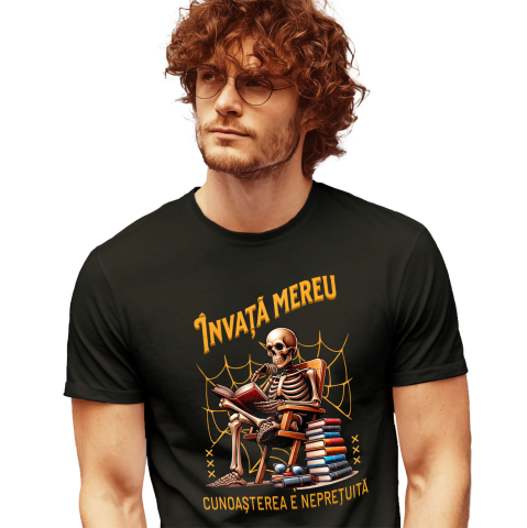 Mixed - Tricou Femei, Barbati, Copii, Fata, Baiat, Unisex Personalizat Schelet Citind Cartea „Invata Mereu” - Cadou Educațional și Motivațional