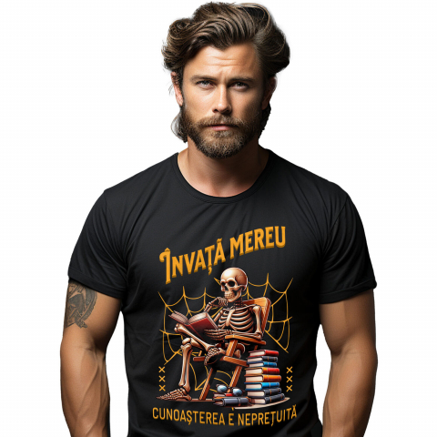 Tricou Femei, Barbati, Copii, Fata, Baiat, Unisex Personalizat Schelet Citind Cartea „Invata Mereu” - Cadou Educațional și Motivațional