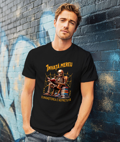 Tricou Femei, Barbati, Copii, Fata, Baiat, Unisex Personalizat Schelet Citind Cartea „Invata Mereu” - Cadou Educațional și Motivațional [1]