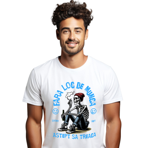 Mixed - Tricou Femei, Barbati, Copii, Fata, Baiat, Unisex Personalizat Schelet Uman cu Țigară și Bere - Cadou Personalizat „Fără Loc de Muncă, Aștept să Treacă Oboseala”
