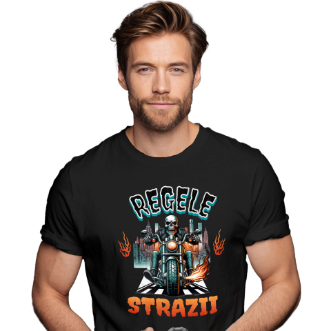 Motociclete - Tricou Femei, Barbati, Copii, Fata, Baiat, Unisex Personalizat Schelet Motociclist în Geacă de Piele – Flăcări și Oraș Noaptea