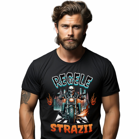 Tricou Femei, Barbati, Copii, Fata, Baiat, Unisex Personalizat Schelet Motociclist în Geacă de Piele – Flăcări și Oraș Noaptea