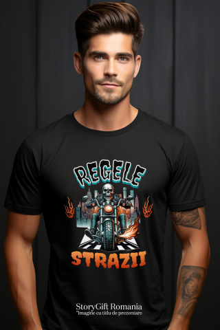 Tricou Femei, Barbati, Copii, Fata, Baiat, Unisex Personalizat Schelet Motociclist în Geacă de Piele – Flăcări și Oraș Noaptea [1]