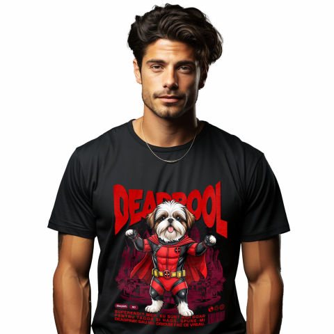 Tricou Femei, Barbati, Copii, Fata, Baiat, Unisex Personalizat Shih Tzu în Costum Deadpool – Câine Supererou Amuzant și Personalizat