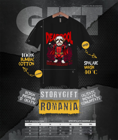 Tricou Femei, Barbati, Copii, Fata, Baiat, Unisex Personalizat Shih Tzu în Costum Deadpool – Câine Supererou Amuzant și Personalizat [3]