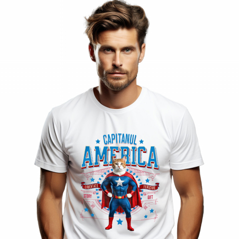 Tricou Femei, Barbati, Copii, Fata, Baiat, Unisex Personalizat Pisica Siameză în Costum de Captain America cu Pelerină - Cadou Personalizat pentru Copii și Iubitorii de Pisici