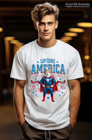Tricou Femei, Barbati, Copii, Fata, Baiat, Unisex Personalizat Pisica Siameză în Costum de Captain America cu Pelerină - Cadou Personalizat pentru Copii și Iubitorii de Pisici [1]
