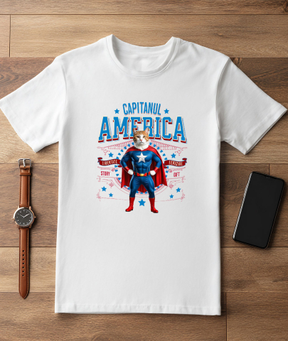 Tricou Femei, Barbati, Copii, Fata, Baiat, Unisex Personalizat Pisica Siameză în Costum de Captain America cu Pelerină - Cadou Personalizat pentru Copii și Iubitorii de Pisici [2]