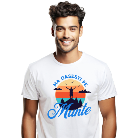 Tricou Femei, Barbati, Copii, Fata, Baiat, Unisex Personalizat "Silueta Umana Pe Munte la Apus de Soare – Aventură și Relaxare în Natură"