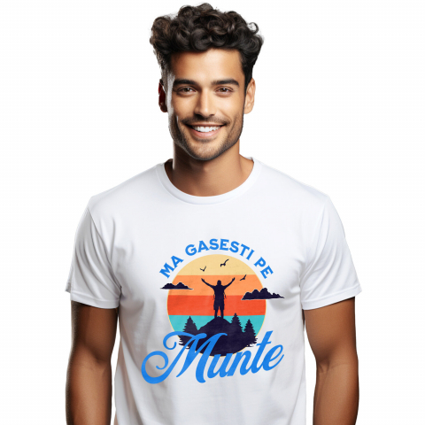 Tricou Femei, Barbati, Copii, Fata, Baiat, Unisex Personalizat "Silueta Umana Pe Munte la Apus de Soare – Aventură și Relaxare în Natură"