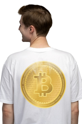 Barbati - Marimea M - Tricou Barbati Cu Simbol Bitcoin, Banut De aur, Monede Virtuale, Iubitorii De Investitii cu imprimeu pe Spate, 100% Bumbac, Alb, M