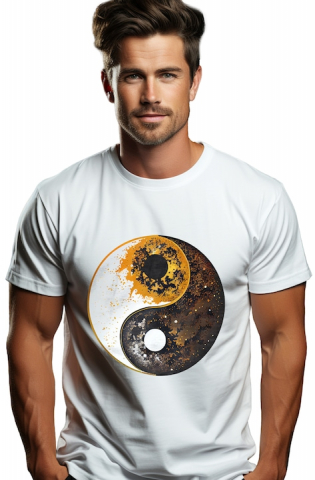Barbati - Marimea M - Tricou Barbati Cu Simbol Ying Si Yang, Bine Si Rau, Discrepanta Dintre Alb Si Negru, Crezatorii De Mit, cu imprimeu pe Fata, 100% Bumbac, Alb, M