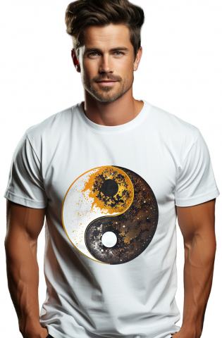 Promotii - Tricou Barbati Cu Simbol Ying Si Yang, Bine Si Rau, Discrepanta Dintre Alb Si Negru, Crezatorii De Mit,  cu imprimeu pe Fata, 100% Bumbac,  Alb, M