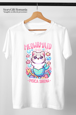 Tricou Femei, Barbati, Copii, Fata, Baiat, Unisex Personalizat Sirena Vesela Pisica Cu Coada Albastra – Cadou Personalizat Meowrmaid pentru Familie și Prieteni [2]