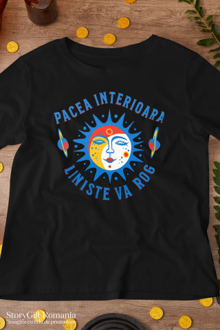 Tricou Femei, Barbati, Copii, Fata, Baiat, Unisex Personalizat Soare cu Chip Feminin și Planete Zburătoare - „Pacea Interioară, Liniște, Vă Rog” - Cadou Motivațional [2]