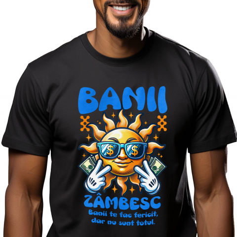 Tricou Femei, Barbati, Copii, Fata, Baiat, Unisex Personalizat Soare Zâmbitor cu Ochelari și Bancnote – „Banii Zâmbesc, Banii Te Fac Fericit” – Cadou Personalizat pentru Familie, Tati, Copii, Prieteni