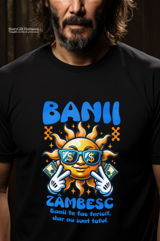 Tricou Femei, Barbati, Copii, Fata, Baiat, Unisex Personalizat Soare Zâmbitor cu Ochelari și Bancnote – „Banii Zâmbesc, Banii Te Fac Fericit” – Cadou Personalizat pentru Familie, Tati, Copii, Prieteni [1]