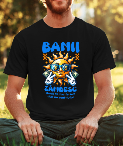 Tricou Femei, Barbati, Copii, Fata, Baiat, Unisex Personalizat Soare Zâmbitor cu Ochelari și Bancnote – „Banii Zâmbesc, Banii Te Fac Fericit” – Cadou Personalizat pentru Familie, Tati, Copii, Prieteni [1]