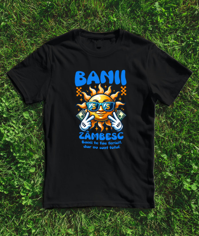 Tricou Femei, Barbati, Copii, Fata, Baiat, Unisex Personalizat Soare Zâmbitor cu Ochelari și Bancnote – „Banii Zâmbesc, Banii Te Fac Fericit” – Cadou Personalizat pentru Familie, Tati, Copii, Prieteni [2]