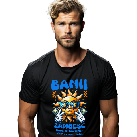 Tricou Femei, Barbati, Copii, Fata, Baiat, Unisex Personalizat Soare Zâmbitor cu Ochelari și Bancnote – „Banii Zâmbesc, Banii Te Fac Fericit” – Cadou Personalizat pentru Familie, Tati, Copii, Prieteni