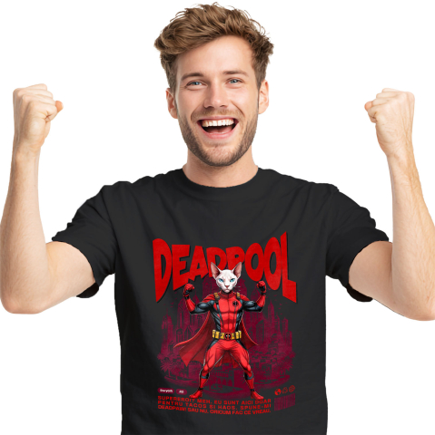 SuperEroi si Personaje TV - Tricou Femei, Barbati, Copii, Fata, Baiat, Unisex Personalizat Pisică Sphynx în Costum Deadpool – Supererou Haioș pentru Iubitorii de Animale