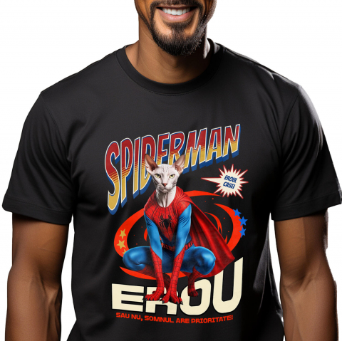 Tricou Femei, Barbati, Copii, Fata, Baiat, Unisex Personalizat Pisică Sphynx în Costum Spider-Man cu Pelerină - Cadou Personalizat pentru Iubitorii de Pisici și Copii