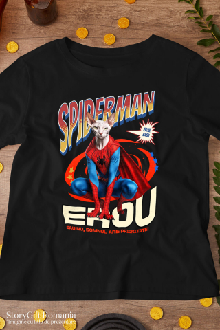 Tricou Femei, Barbati, Copii, Fata, Baiat, Unisex Personalizat Pisică Sphynx în Costum Spider-Man cu Pelerină - Cadou Personalizat pentru Iubitorii de Pisici și Copii [2]