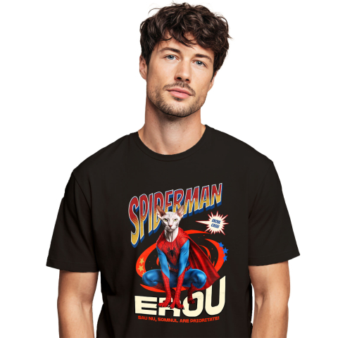 SuperEroi si Personaje TV - Tricou Femei, Barbati, Copii, Fata, Baiat, Unisex Personalizat Pisică Sphynx în Costum Spider-Man cu Pelerină - Cadou Personalizat pentru Iubitorii de Pisici și Copii