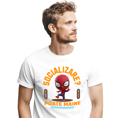 Amuzante - Tricou Barbati cu Spiderman , Degetul Mijlociu, Socializare? Poate maine, Anti-social 100% Bumbac, Alb, XL